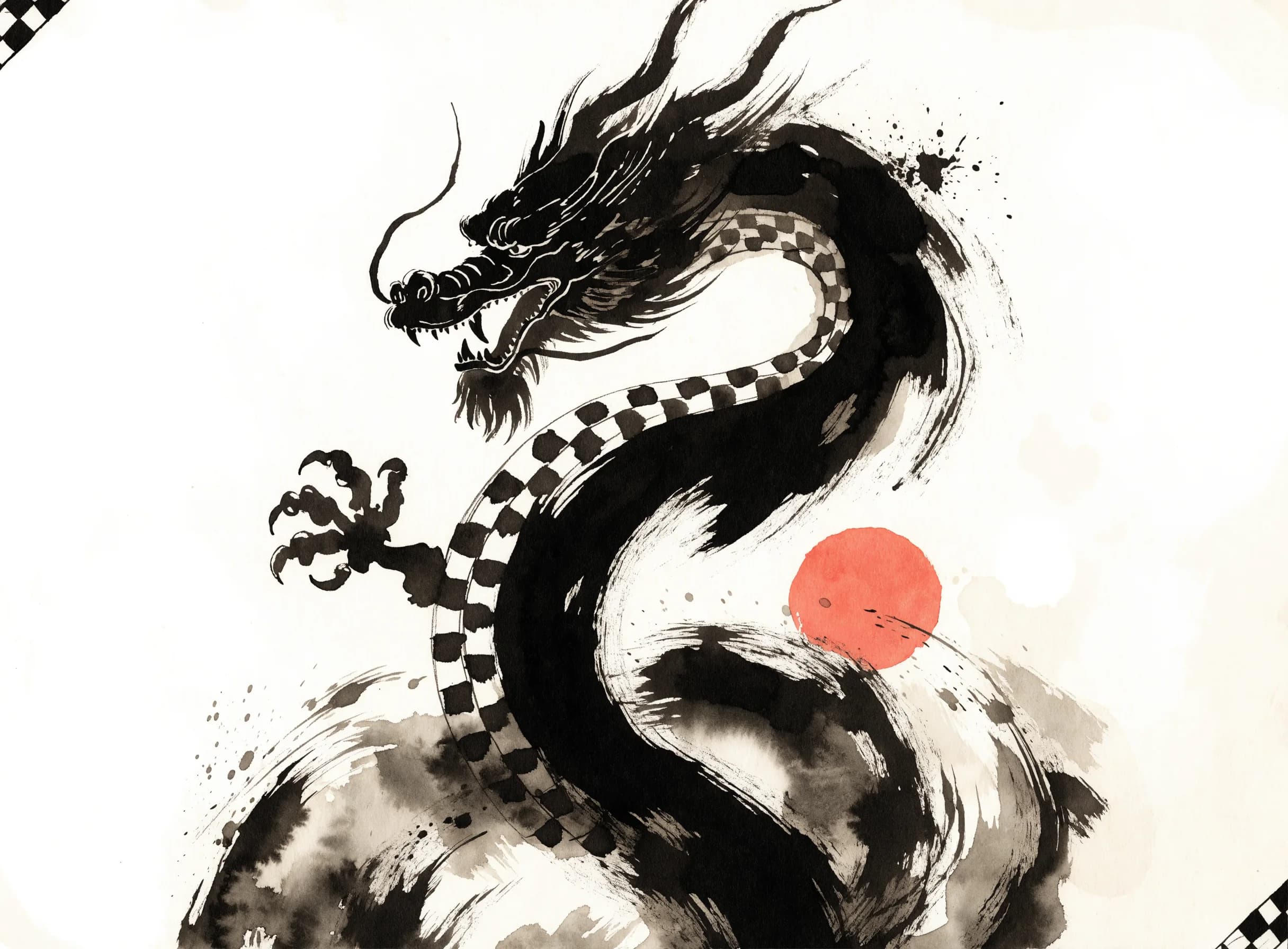 Ink dragon coiling through brush-painted waves