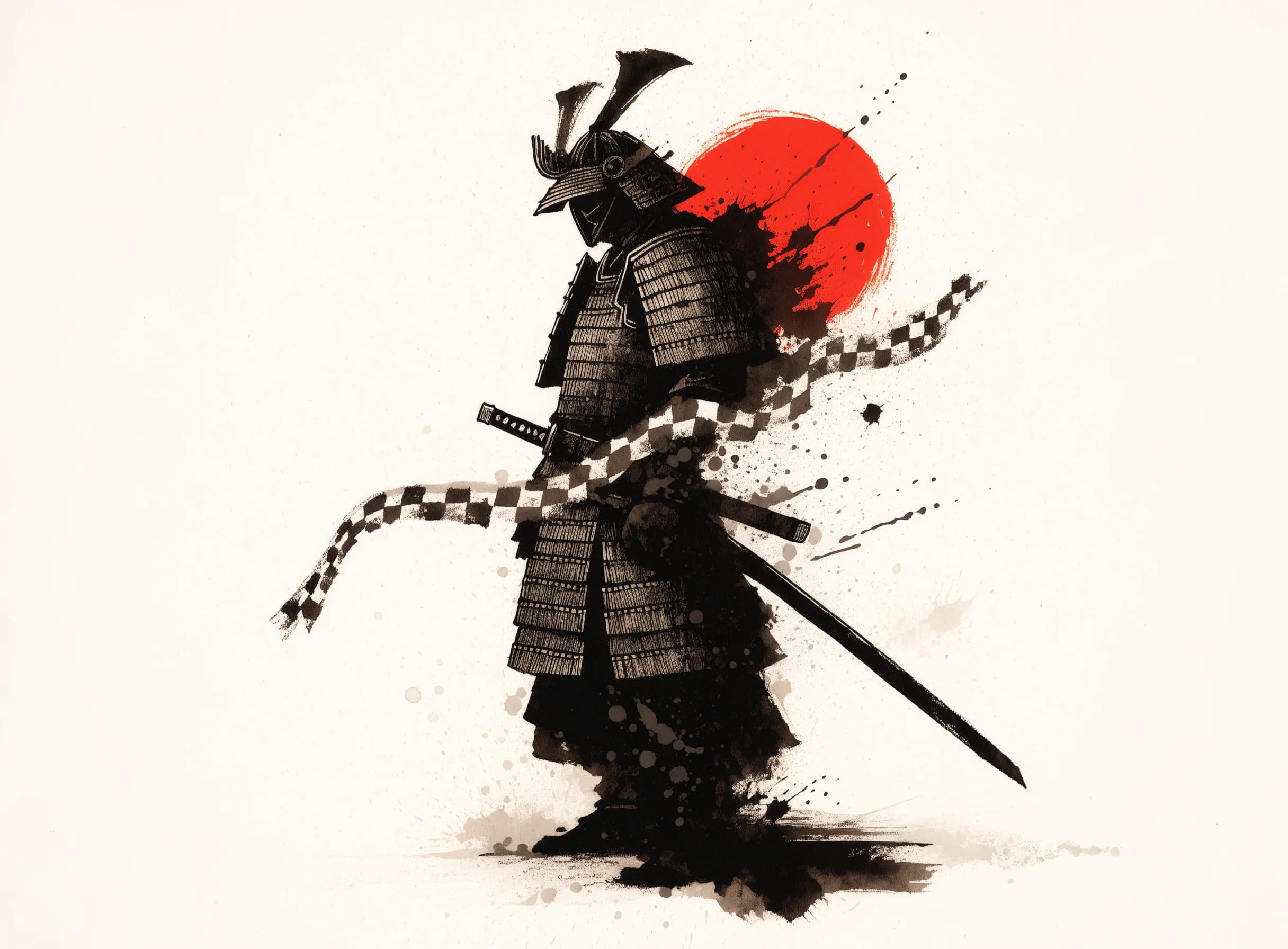 Armored ink samurai standing before a muted red sun
