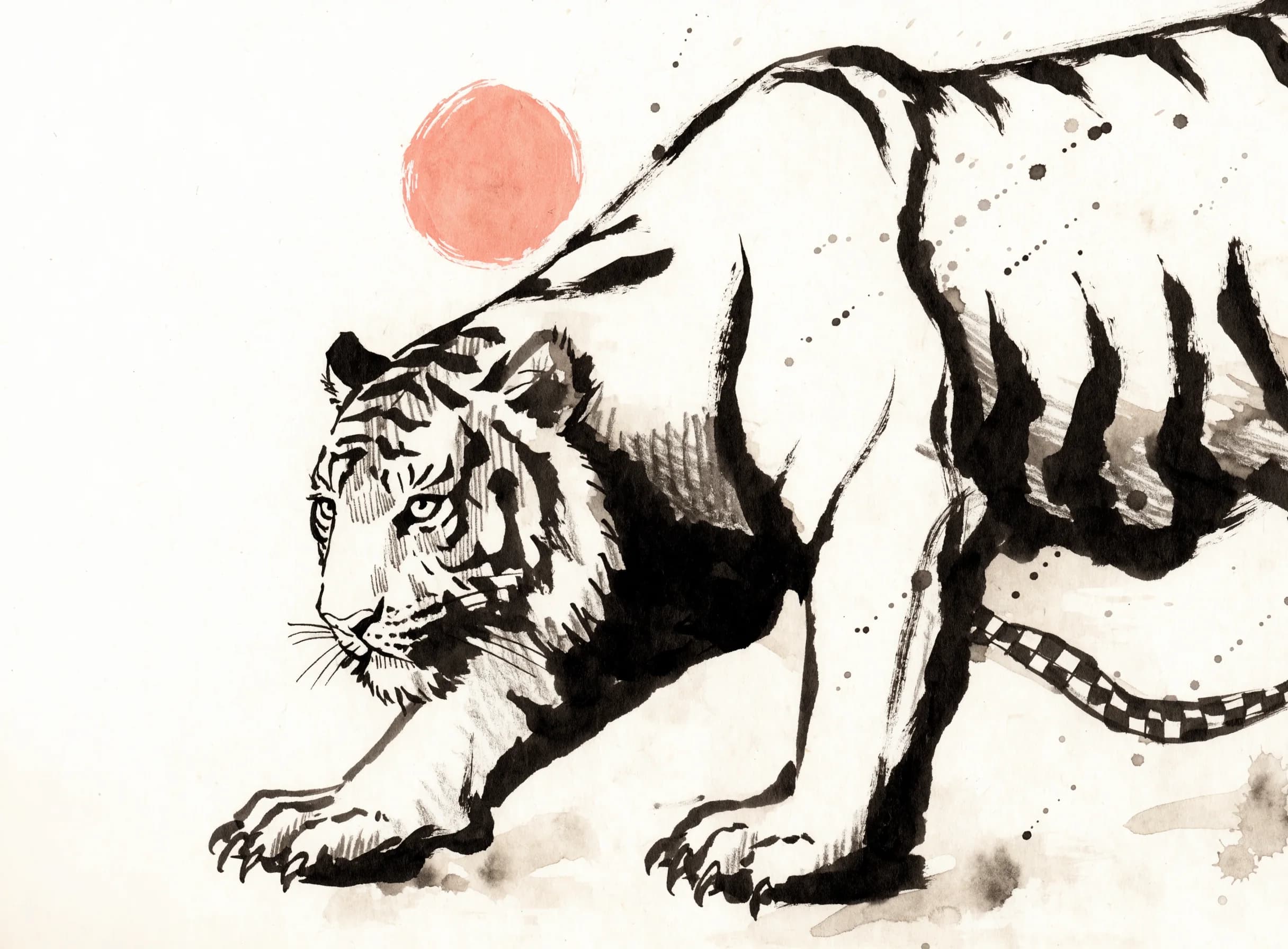 Ink tiger stepping forward beneath a muted red sun