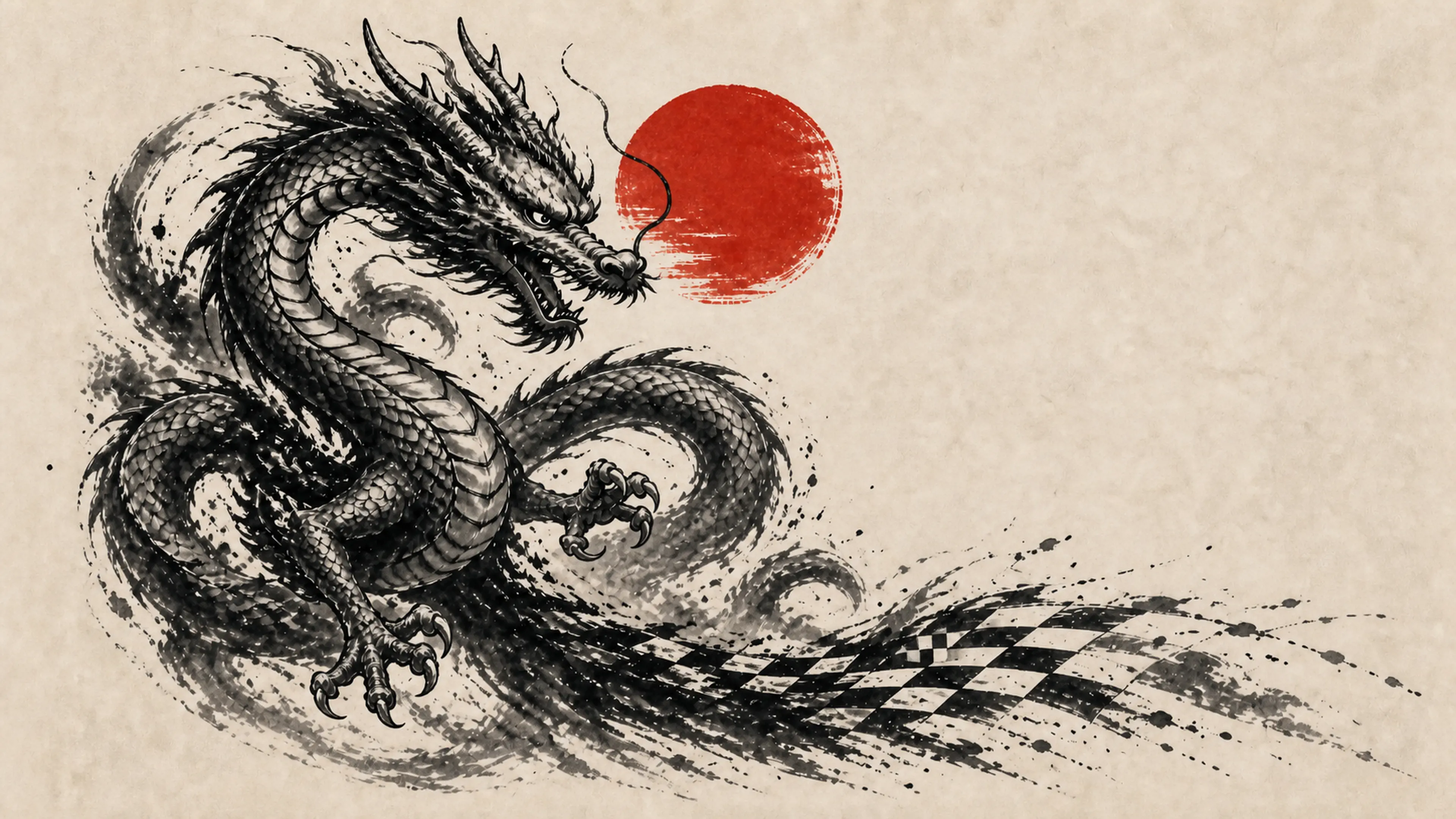 Ink dragon coiling above a checkered brushstroke beneath a red sun