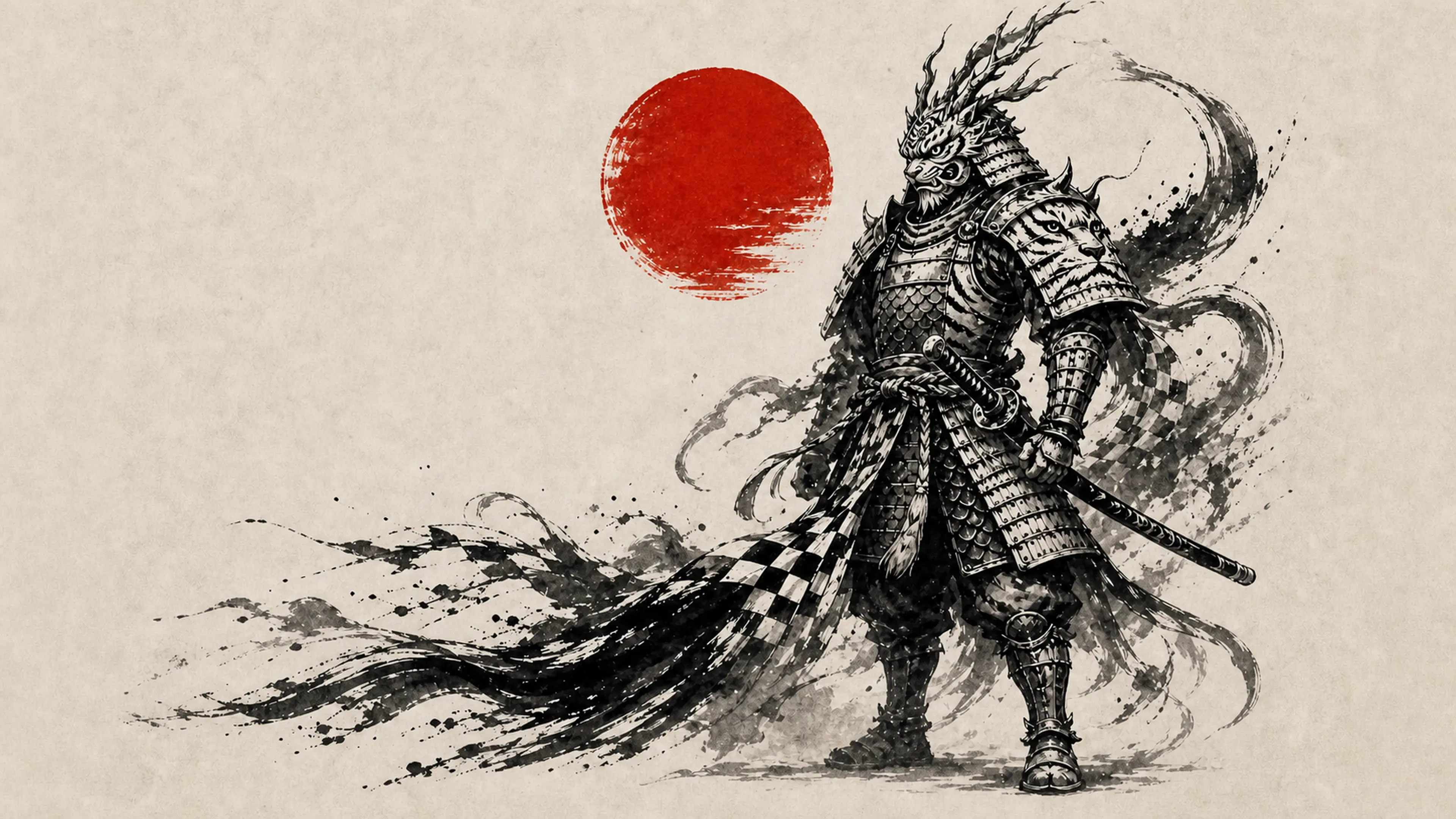 Armored ink samurai standing beneath a red sun