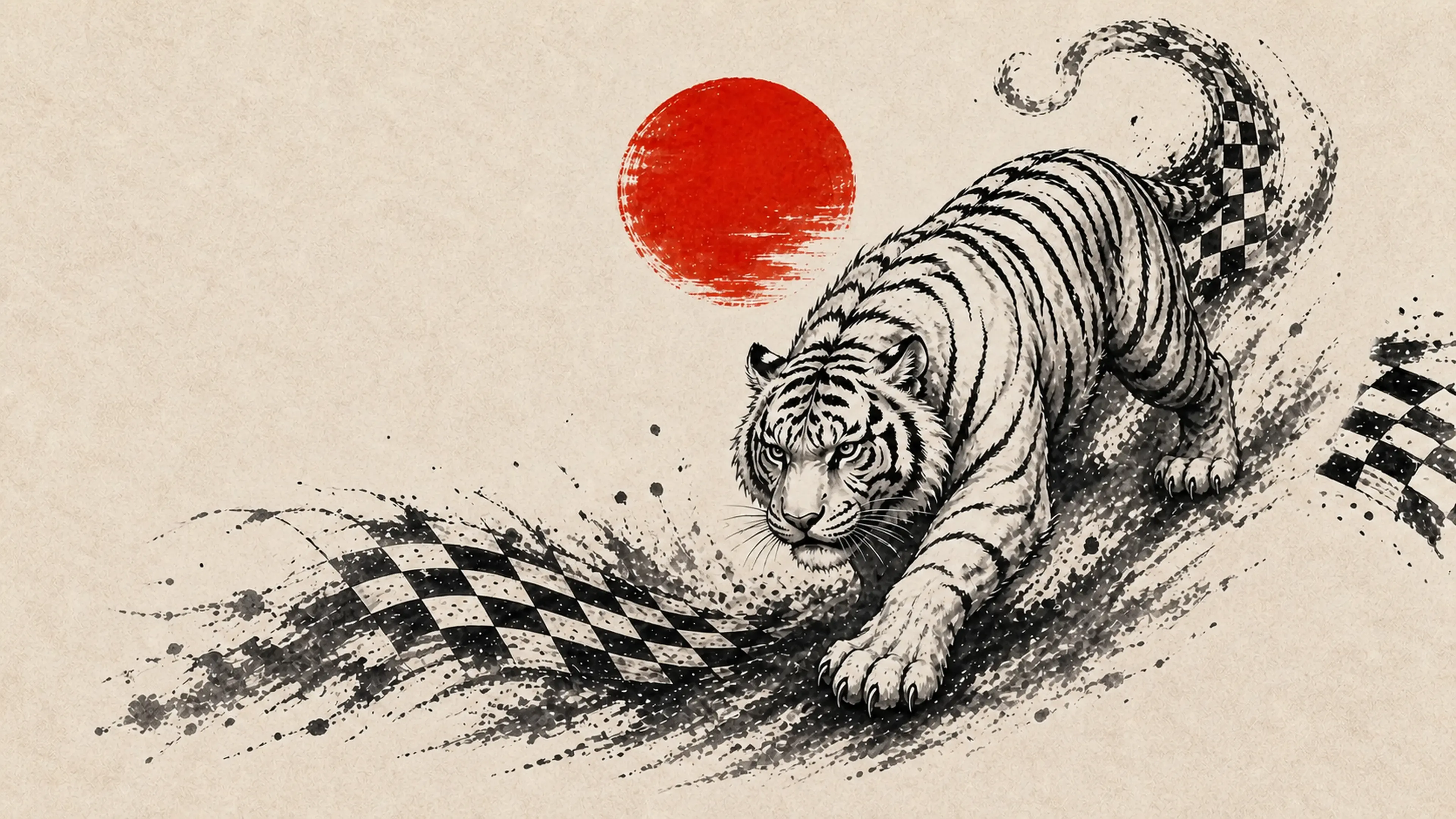 Ink tiger advancing across a checkered brushstroke beneath a red sun